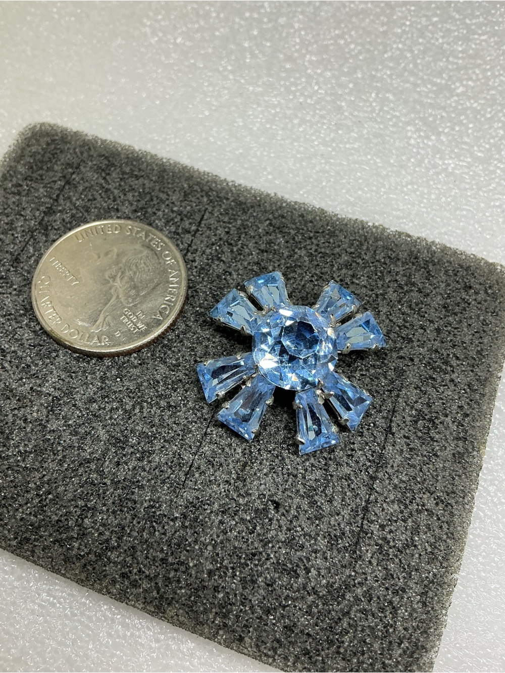 Vintage Silver Tone Blue Crystal Starburst designer Brooch